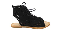 Women Perforated Laser-out Lace Up Front Flat Ankle Sandals - sparklingselections