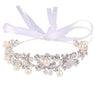 Bridal Round Rhinestone Crystal Simulated Pearl Head Ribbon Hairband