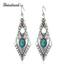 Geometric Craved Blue Stone Tibetan Long Ethnic Earrings