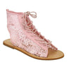Women Floral Lace up flat Ankle Sandals