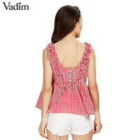New women sweet ruffles plaid sleeveless checked casual tops - sparklingselections