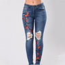 Women Flowers Embroidered Stretch Denim Jeans
