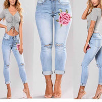 women light blue color with embroidery rose jeans - sparklingselections