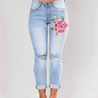 women light blue color with embroidery rose jeans - sparklingselections