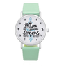Follow your Dreams Words Pattern Leather Watch Fashion Green Strap Quartz Wristwatches