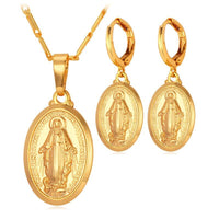 Stylish Women Gold Mother Virgin Mary Necklace and Earrings Jewelry Set - sparklingselections