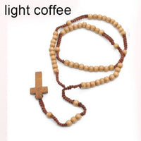 Retro Style Catholic Christ Wooden Woven Rope Rosary Bead Cross Unisex Pendant Necklace