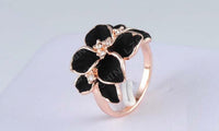 Rose Gold Color Crystal Black Enamel Flower Wedding Ring - sparklingselections