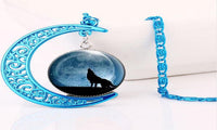 Blue Moon Wolf Glass Cabochon Pendant Necklace