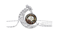 Steampunk Silver Moon Clock Glass Pendant Necklace