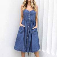 Women's Denim Party Mid-Calf Beach Flare Sexy Dress With Pocket - sparklingselections