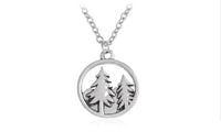 Antique Silver Plated Mountain and Trees Forest Round Pendant Necklace