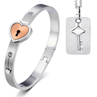 Lovers Couple Heart Lock Stainless Steel Necklace Bracelet Jewelry Set - sparklingselections