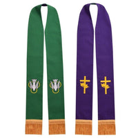 Men Cross Embroidered Church Reversible Priest Bird Green Purple Stole 2pcs - sparklingselections