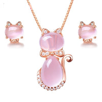 Bridal Cat Shape Pendant Engagement Earrings Pink Jewelry Sets - sparklingselections