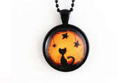 Black Glass Cabochon Cute Cat Pendant Necklace - sparklingselections