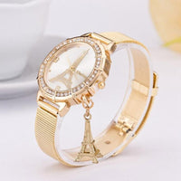 Women Rhinestone Gold Stainless Steel Mesh Band WristWatch - sparklingselections