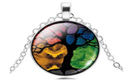 Silver Color Glass Cabochon Tree of Life Shaped Pendant Necklace