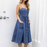 Women's Denim Party Mid-Calf Beach Flare Sexy Dress With Pocket - sparklingselections