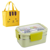 Kids Stainless Steel Double Layers Food Container Lunch Box With Bag - sparklingselections