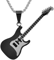 Stainless Steel Musical Note Guitar Pendant Necklace Fashion New Men's Black Stone Faux Leather Necklace Jewelry