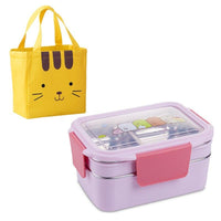 New Kids Stainless Steel Double Layers Cartoon Lunch Box With Bag - sparklingselections