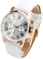 Top Quality Roman Numerals Faux Leather Analog Quartz Watch for Women Rose Gold Case Watch Jewelry - sparklingselections