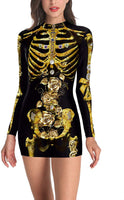 New Women Skull Gold Black Printed Dress 3D Print Mini Long Sleeve Fashion Casual Cosplay Costume Dress - sparklingselections