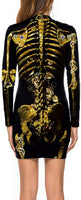 New Women Skull Gold Black Printed Dress 3D Print Mini Long Sleeve Fashion Casual Cosplay Costume Dress - sparklingselections