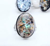 Fashion Elegant Antique Silver Hollow Black Oval White Natural Shell Big Stone Rings For Women