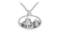 Antique Silver Plated Mountain and Trees Forest Round Pendant Necklace - sparklingselections