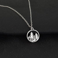 Antique Silver Plated Mountain and Trees Forest Round Pendant Necklace - sparklingselections