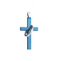 New Silver Blue Titanium Steel Cross Bible Circle Pendant Necklace - sparklingselections
