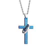 New Silver Blue Titanium Steel Cross Bible Circle Pendant Necklace - sparklingselections