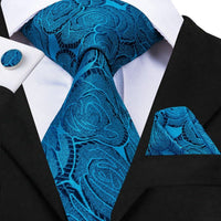 Wedding Men Silk Blue Floral Tie Pocket Square Cufflinks Neckties Set - sparklingselections