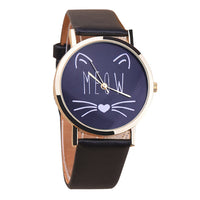 Beautiful Watches New Cartoon Cat Pattern Leather Meow Text Wristwatch For Girls, Women, Gift Accessory