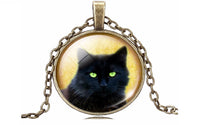 Women's Glass Cabochon Silver Bronze Chain Black Cat Necklace - sparklingselections