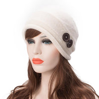 Women's Wool Winter White Hats With Crystal Buttons - sparklingselections