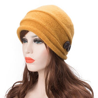 Women's Winter Cap Beanie Wool Yellow Hats With Crystal Button - sparklingselections