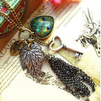 Love Heart Peacock Leaves Key Shape Pendant Necklace - sparklingselections