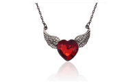 Stylish Red Rhinestone Antique Gold Plated Angel Wings Love Heart Pendant Necklace - sparklingselections