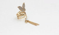 Long Chain Gold Tassels Big Butterfly Three Finger Ring (Resizable) - sparklingselections