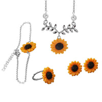 Women's Sunflower Leaves Bracelet Earrings Ring Necklace Jewelry Set - sparklingselections