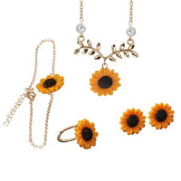 2020 Trendy Sunflower Leaves Four-Piece Bracelet Earrings Ring Necklace Jewelry Set Womens Gifts For Wedding, Party - sparklingselections