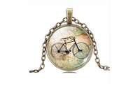 Vintage Bicycle & Map Glass Cabochon Bronze Necklace