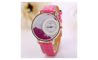 Women Rhinestone Quartz Quicksand Leather Bracelet Wristwatch