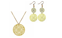 Boho Filigree Circle Pattern Long Necklace & Earrings Dangle Jewelry
