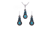 Tibetan Silver Plated Turquoise Pendant Earrings Chain Necklace Jewelry Set - sparklingselections