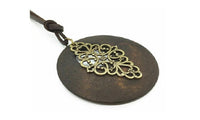 Handmade Collar Round Wood Hollow Tree Soft Leather Pendant Necklace - sparklingselections