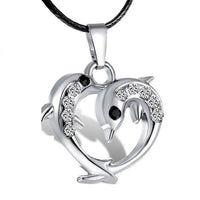 Women Silver Crystal Dolphin Heart Pendants  Necklace - sparklingselections